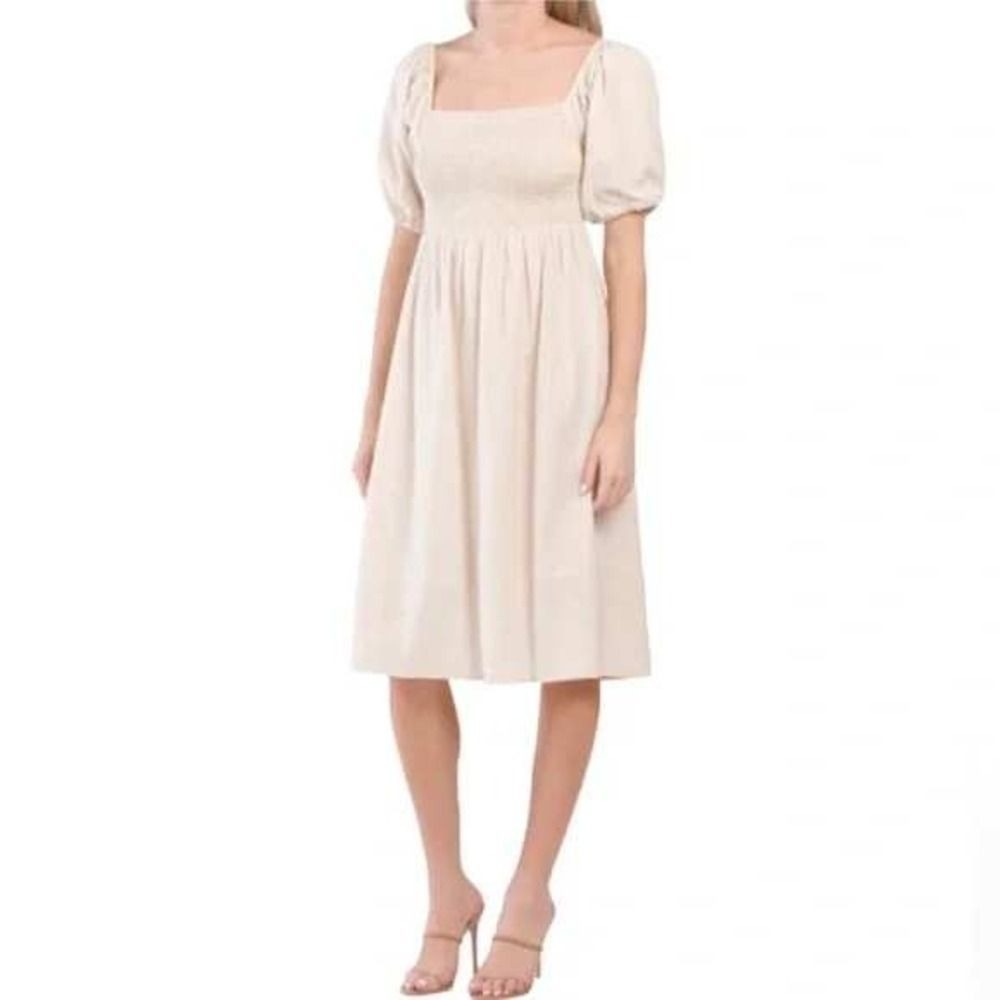 Neutral Linen Blend Smocked Midi Dress Beige Puff Sleeve Coastal Chic L